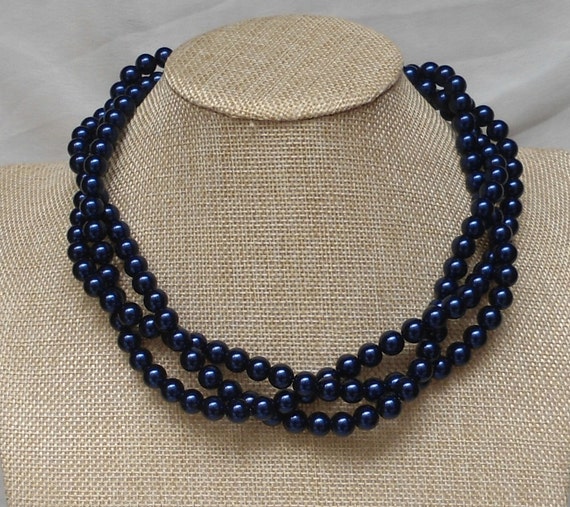 Navy Blue Pearl NecklaceTriple Strands Pearl