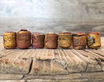 7 Handmade Fabric Beads - Fiber Art Beads - Textile Art Beads - Hippie Boho Bead - Focal Beads