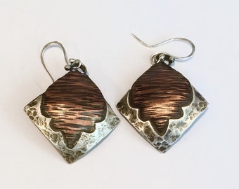Hammered Copper and Fine Silver Earrings