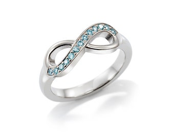 blue Diamond infinity ring, white gold, platinum, unique engagement ring, diamond infinity, anniversary band, light blue wedding ring