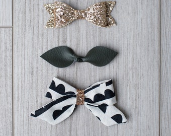 Glitter, faux leather & fabric bows | girl bows | patterned bow | glitter bows | headband | knot bow | non slip clip | snap clip | girl gift