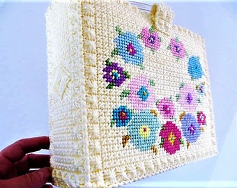 Needlepoint Tote Bag, Handmade Purse, Yellow with Flowers, Needlework Bag, Plastic Handles, Perfect