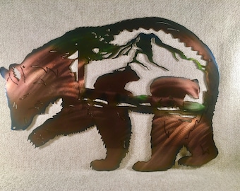 Bear With Cubs Metal Wall Art W/ Patina Finish