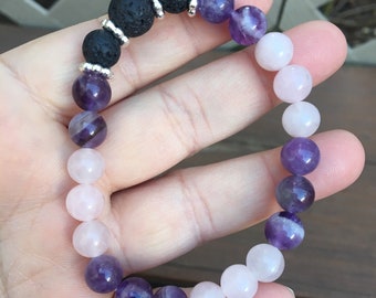 Amethyst, Rose Quartz and Lava Stone Stretch Bracelet