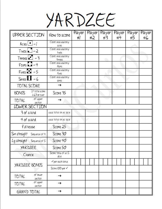 Printable YARDZEE Score Sheet