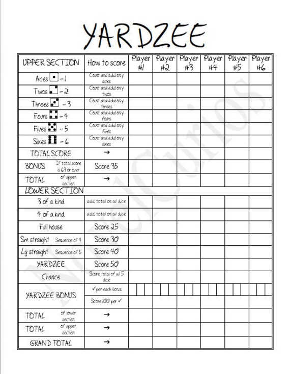 Yardzee Score Sheet Printable Printable Word Searches