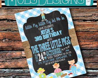 Any Color 3 Little PIGS PIGGY PINK Oink Oink Wolf Burlap Chalkboard Baby Girl Boy 1 2 3 4 5 6 Birthday Brunch Gingham Book Party Invitation