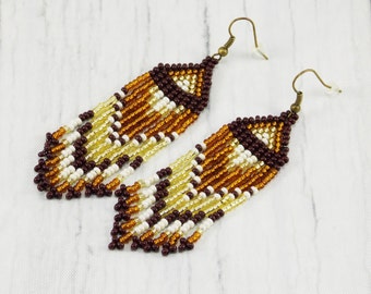 Seed bead earrings long dangle earrings native styles boho gypsy earrings fringe earrings Earthy jewelry tribal earrings brown earrings