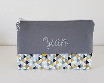 Toilet bag grey and mustard with the name