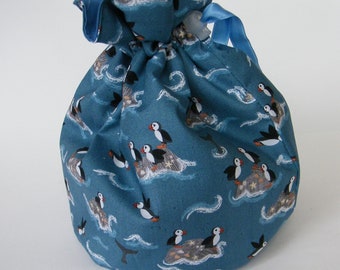 Puffin Project Bag. Small Drawstring bag ideal for knitting or crochet projects