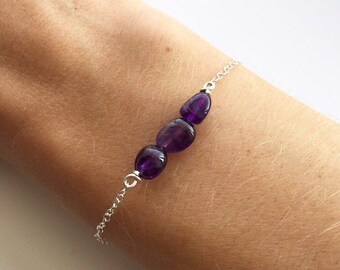 AMETHYST BRACELET - Sterling Silver Purple Gemstone Chain Bracelet - Handmade Semiprecious Stackable Bracelet