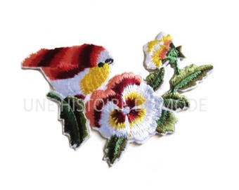 Patch fusible badge bird and flowers to sew or iron 105 x 60 mm - bird embroidery Applique