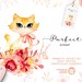 Purfect Ginger Watercolor Clipart with Cute Cats and Flowers. Pink Floral wreaths, DIY printable, digital watercolour for scrapbooking