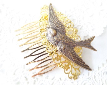 Gold Flying Sparrow Hair Comb - Flying Swallow Hair Comb - Ox Brass Bird Hair Comb - Woodland Hair Comb - Bridal Sparrow Hair Comb