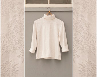 90s Turtle Neck Top Off White Turtleneck Top Womens Medium Roll Neck Pullover Fitted Large High Neck Top Floral Ivory Turtleneck Size M L