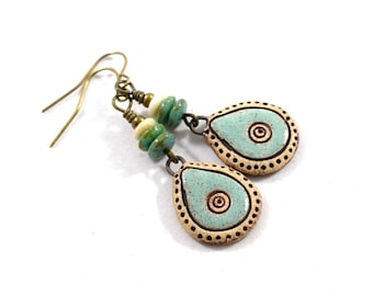 Handmade Earrings, Stoneware Turquoise Earrings, Artisan Earrings, Boho Chic Earrings, Brass Earrings, Czech Glass Earrings, AE067