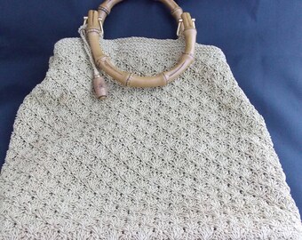 Liz Claiborne Khaki Woven Handbag with Resin Bamboo Handles