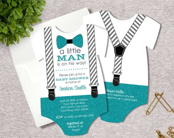 Little Man Baby Shower Invitation Boy Bow Tie and Suspenders