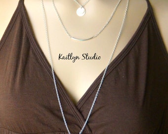 3 Layer Neckalce, Dainty Silver Layered Necklace Set, Vertical Bar Charm, Initial Pendant Circle Necklace, Modern Style, Celebrity Inspired