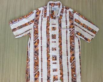 Vintage Hawaiian Shirt MALIHINI 70s Surf Groovy Mod Wiki Tiki Tribal RARE Concealed Front Button Panel Mens - M - Oahu Lew's Shirt Shack