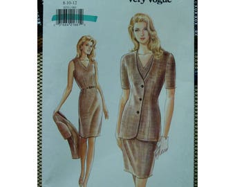 Fitted Straight Dress Pattern, V-neck, Sleeveless, Belt, Long Jacket, V-neck, Short Sleeves, Vogue No. 9253 UNCUT Size 8 10 12