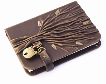 Lleather journal with Lock and Key, leather notebook, travel journal, leather diary sketchbook, Personalized journal with tree