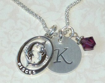 Pisces Necklace - Personalized Pisces Hand Stamped Sterling Silver Initial Charm Necklace - Pisces Star Sign - Zodiac Jewelry