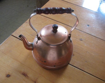 vtg copper tea kettle gooseneck spout wood handle really nice for the farm decor early american decor