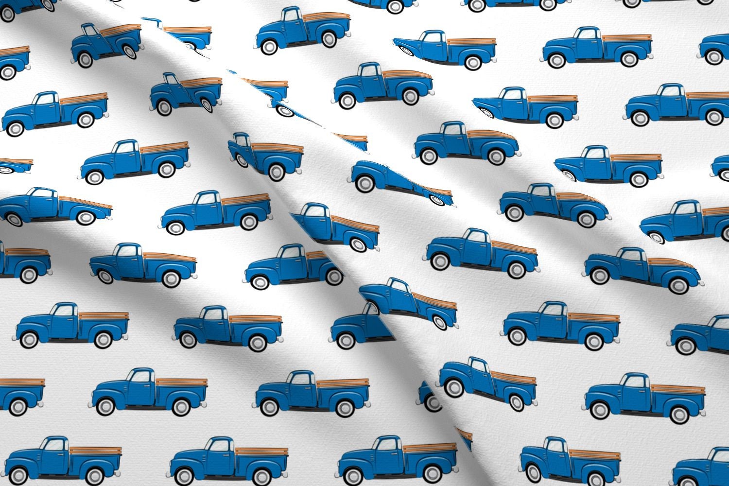 Blue Truck Fabric Vintage Trucks On White By