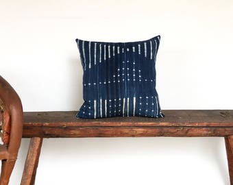 Vintage African Indigo Mudcloth Textile Stripe Boho Pillow Cover