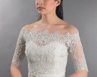 Bridal bolero, Off-Shoulder, lace bolero, wedding bolero, wedding jacket, lace shrug, bridal jacket, bridal lace top, Alencon Lace