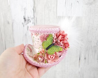 Pink and Green Butterfly with Paper Flowers Small Mini Top Hat Fascinator, Alice in Wonderland, Mad Hatter Tea Party, Derby Hat