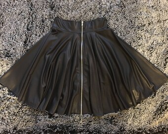 Matte Black Spandex Circle Skirt, Exposed Zipper, Black Gothic Skirt, High Waist Skirt, Full Circle Skirt, Black Circle Skirt