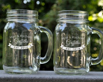 Personalized Mason Jar Mug with a Banner Monogram Glass Mug Sold Individually
