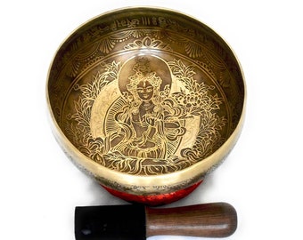 9" Singing Bowl, Tara buddhist goddess etched. Handmade in Nepal chakra tuned