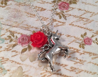 Unicorn Red Rose Pendant Chain Necklace