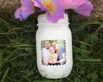 gift for her, gift for mom, mason jar, fake flowers, photo holder, picture, home decor, housewarming gift, flower decor, vase, her birthday