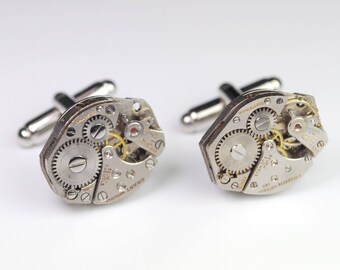 Steampunk Cufflinks Vintage Swiss Watch Movement Mens Gear Cuff Links by Steampunk Vintage Design