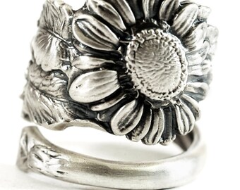 Sunflower Ring, Sterling Silver Spoon Ring, Art Nouveau, Sunflower Jewelry, Thumb Ring, Floral Ring, Flower Ring, Adjustable Ring Size, 5803