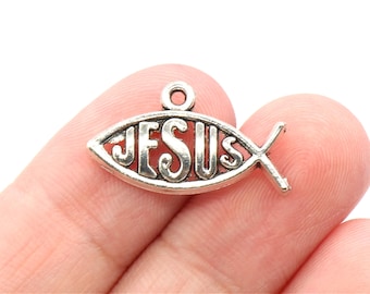 10 Pcs Jesus Fish Charms Antique Silver Tone 25x14mm - YD0848