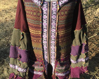 10th Ave Freezeout mostly wool coat - deconstructed and upcycled sweaters - size XL - vintage fringe - corset - pockets