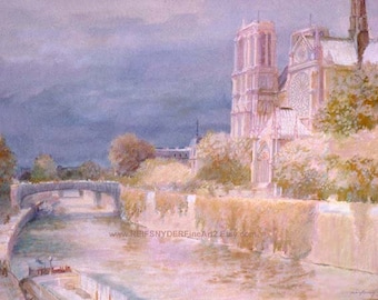 Notre Dame Cathedral 5x7 8x10 art print Paris, France, Seine River, barge, church, blue, pink, green, lavender, city scene, bridge, religion