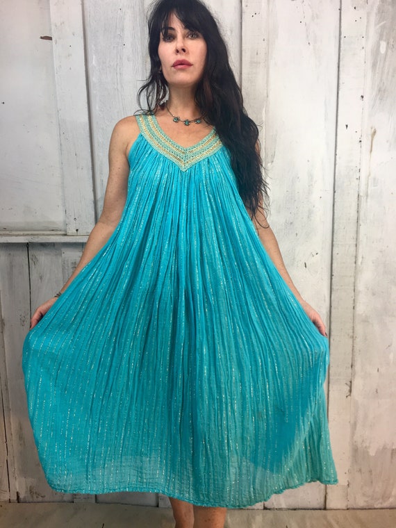 Vintage Gauze Cotton Dress Flowy Greek Kaftan 1970s Gauze Vintage Gauze Cotton Dress Flowy Greek Kaftan 1970s Gauze