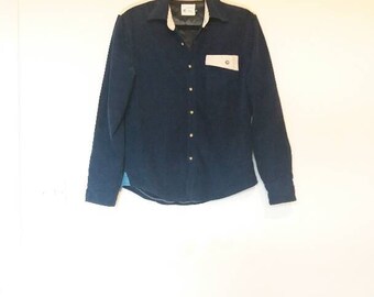 Corduroy Shirt Vintage Fleece Lined Navy and Cream Corduroy Button Up Long Sleeve Cord Shirt Soft Lining Shirt Vintage Cord Button Down
