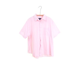 Lands End cotton shirt beach shirt pink shirt oxford short sleeve shirt distressed shirt preppy 90s grunge hipster