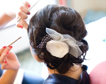 Bridal hair flower wedding hair clip ivory pearls tulles
