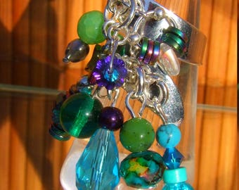 Ring adjustable asymmetrical ring in Hematite, Apple Green Dragon vein Agate round bead silver plated copper, turquoise, Crystal