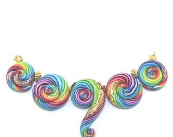 Polymer Clay colorful stripes beads for Jewelry Making, rainbow spiral beads for Craft Supplies, Ombre beads with gold touch, set of 5