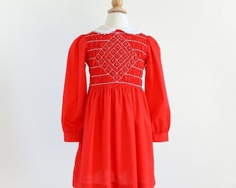 SALE Vintage 1970s Girls Size 6 Polly Flinders Hand Smocked One Piece Red Dress VGC Prairie Girl Style, b24" L25"