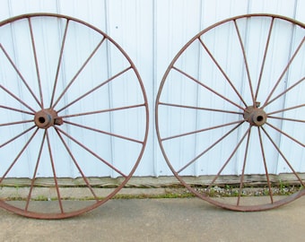 Pair of antique 39 1/2" wagon wheels, 16 spoke, metal, iron works, farm, industrial, Yard Art